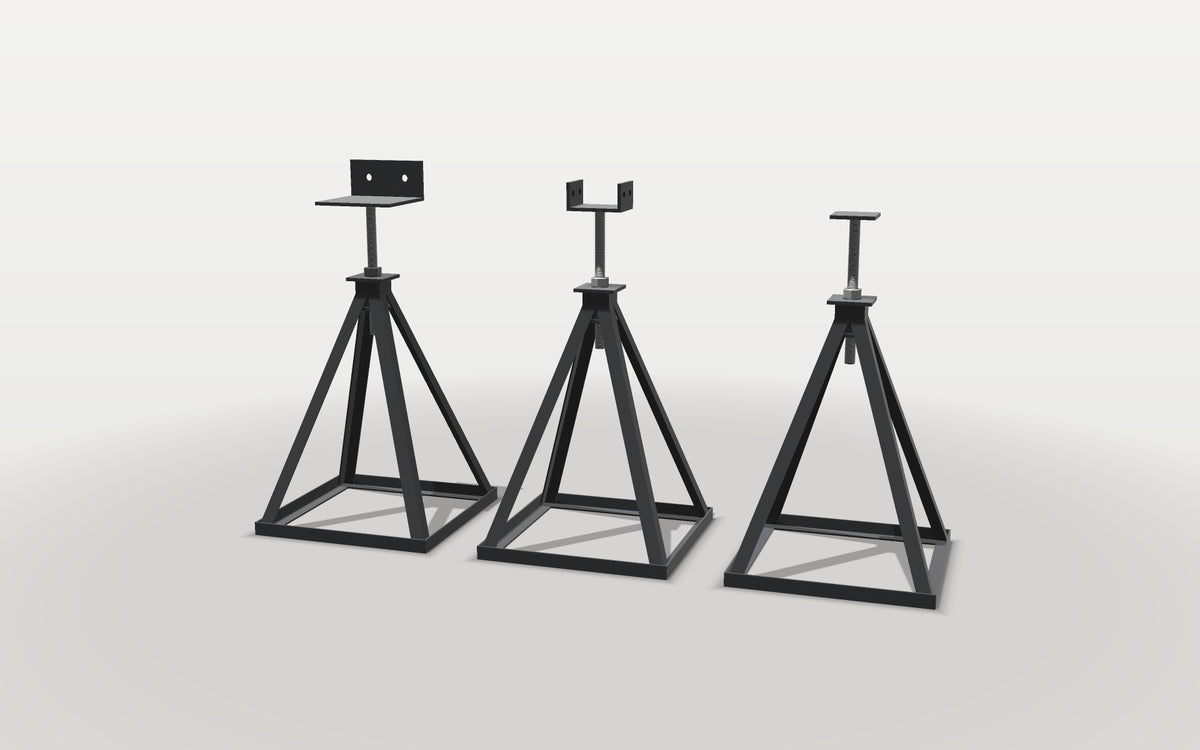 B&R 20" leveling jacks with L-plate, U-plate and flat plate levellers, black finish