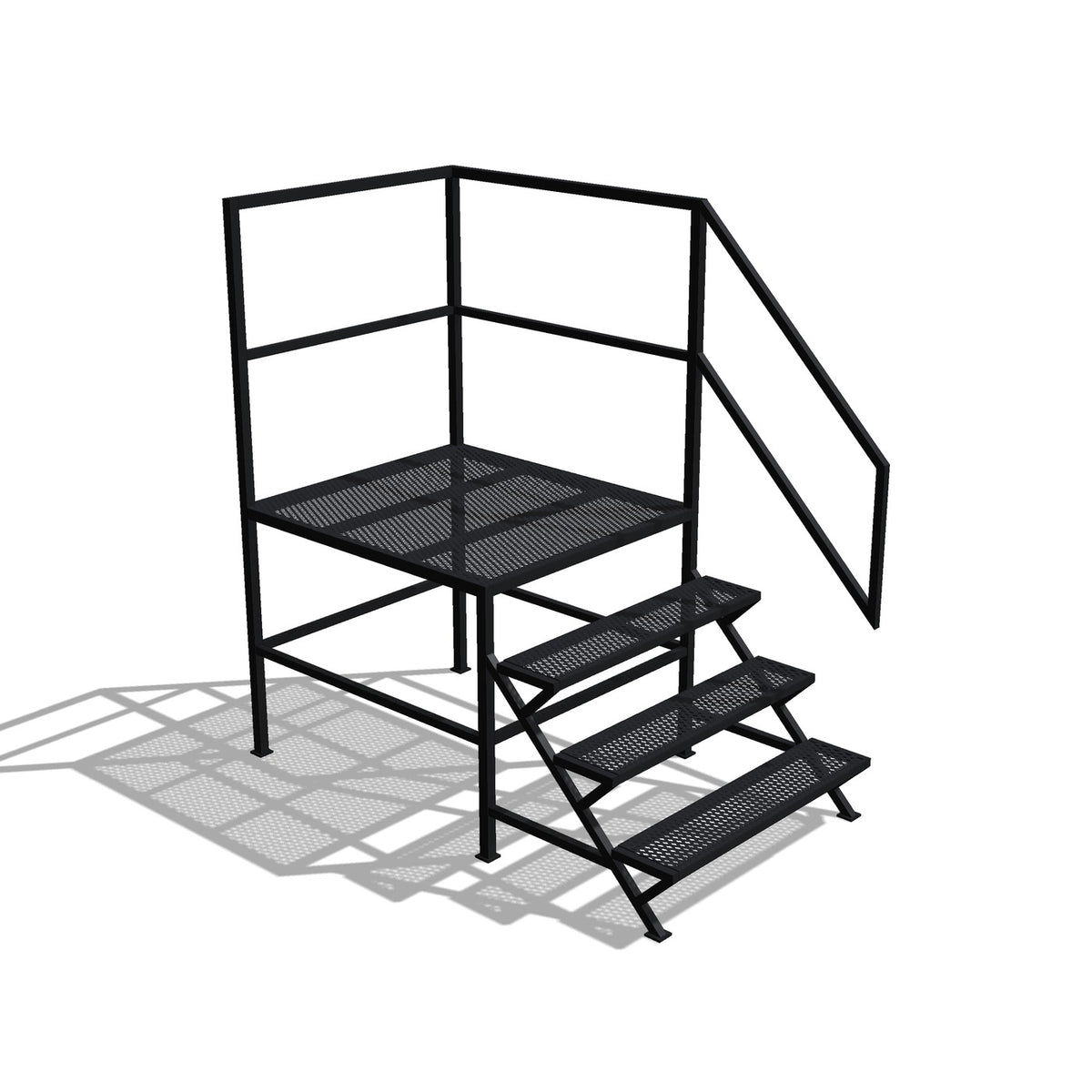 3-step stair and platform with railings, black powder coat finish, front view